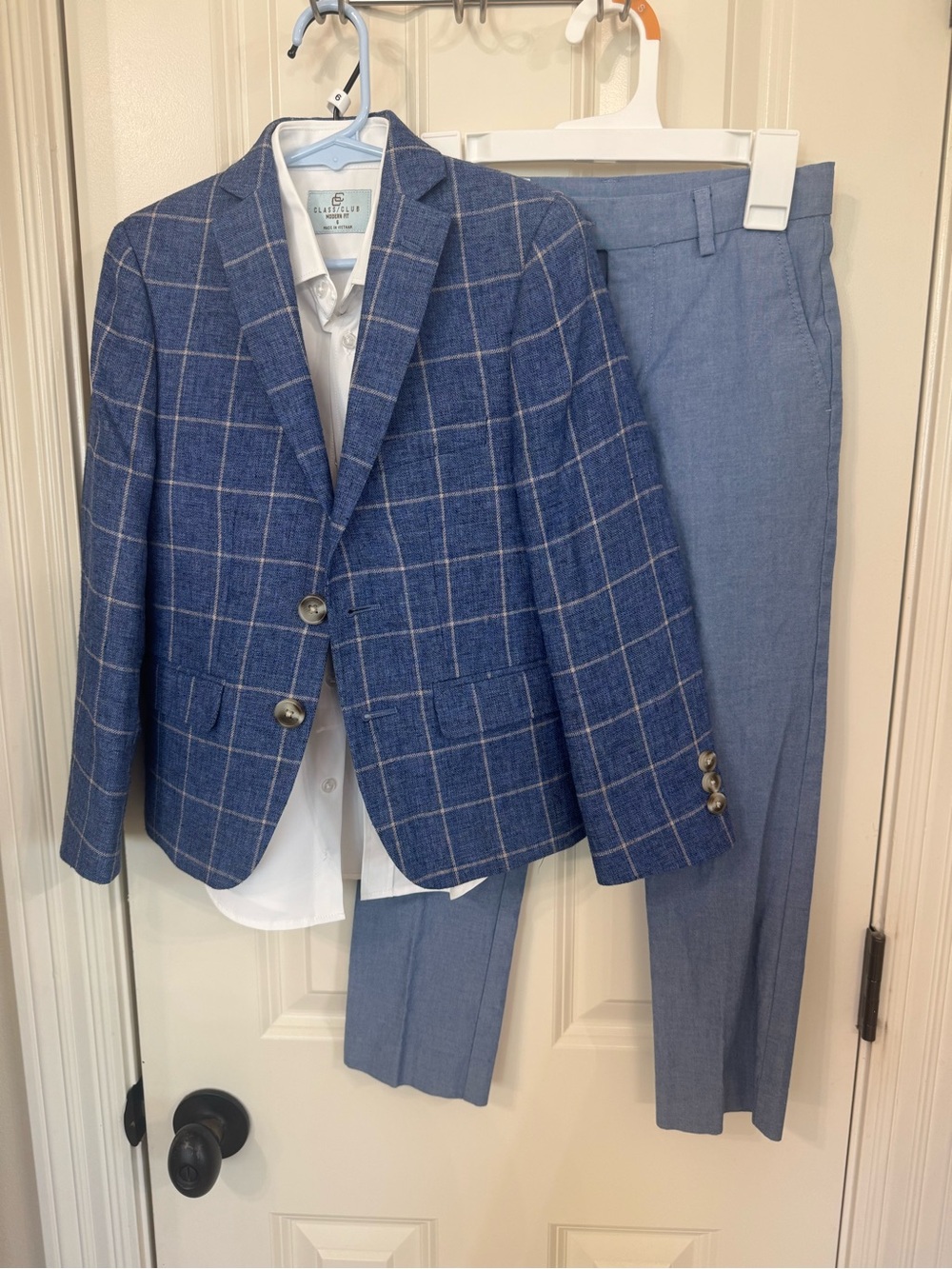 Class Club Blue Windowpane Blazer with Light Blue Trousers,white button down boy